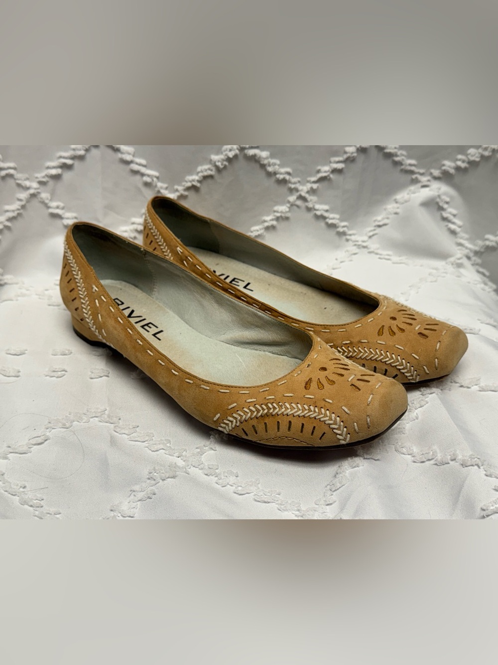 Biviel Tan Suede Cutout Embroidered Square Toe Ballet Flats Size 41